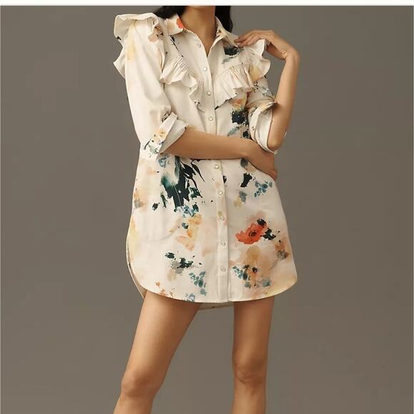 Pilcro Long-Sleeve Ruffled Denim Mini Shirt Dress Sz Med Nwts - Picture 4 of 4